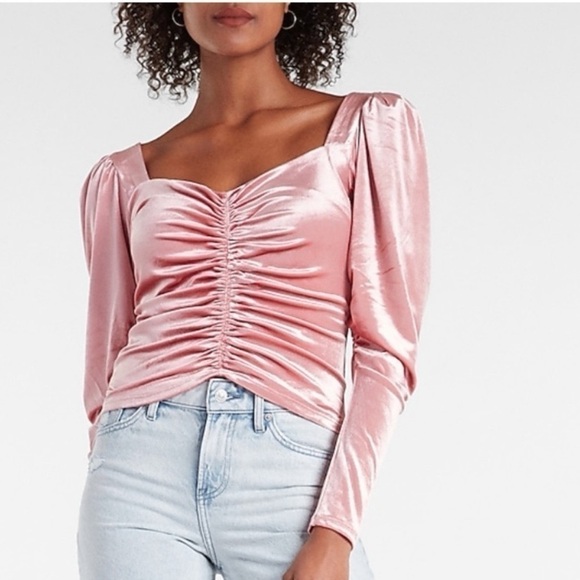 Express Tops - Express Pink Velvet Ruched Puff Long Sleeve Crop Top XS